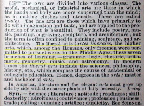 Webster's Dictionary definition of Liberals Arts in 1893